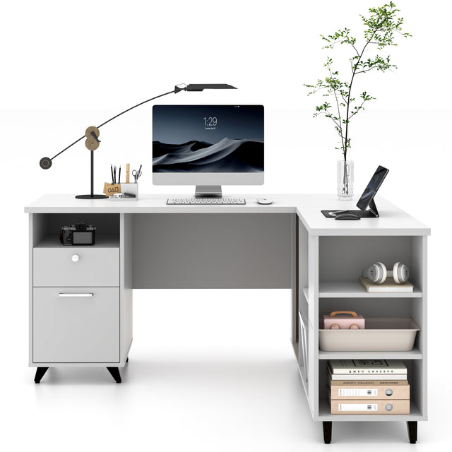 L Shaped Executive Desk With Drawers And Open Storage Shelves