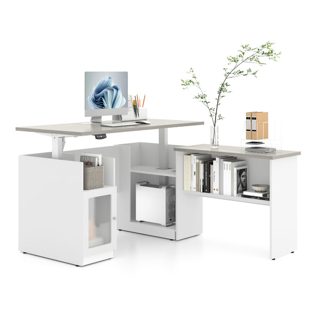 Height Adjustable L-Shaped Executive Desk With Cabinet And Open Shelf