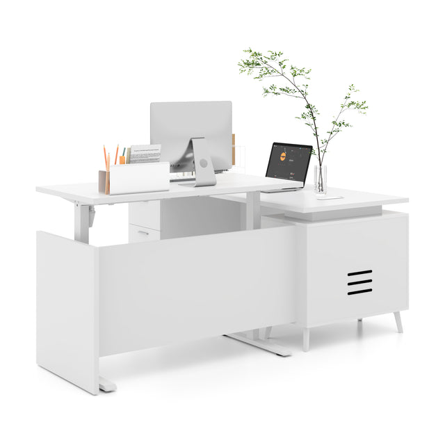 Height Adjustable L-Shaped Executive Desk With 2 Drawer Cabinet