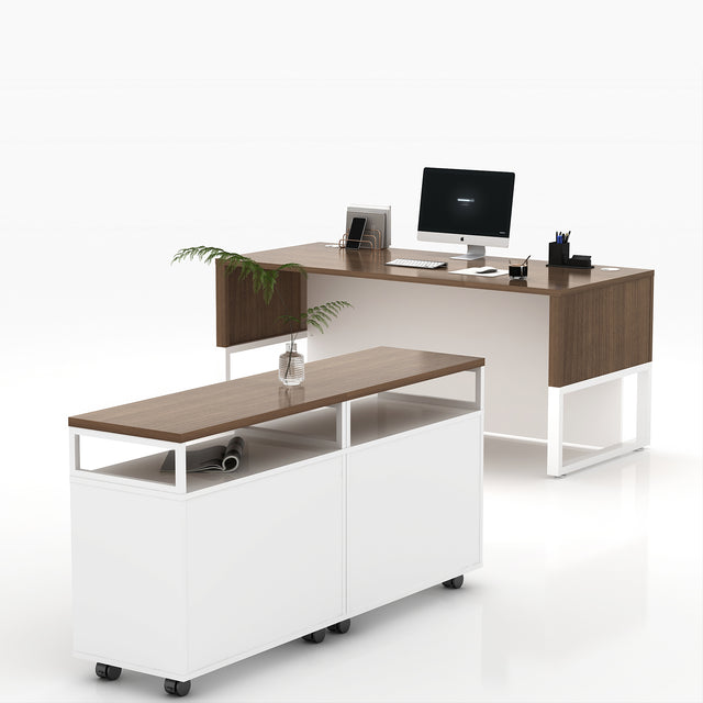 67" Wide L-Shaped Executive Desk With Mobile Filing Storage Cabinet And Bookcase