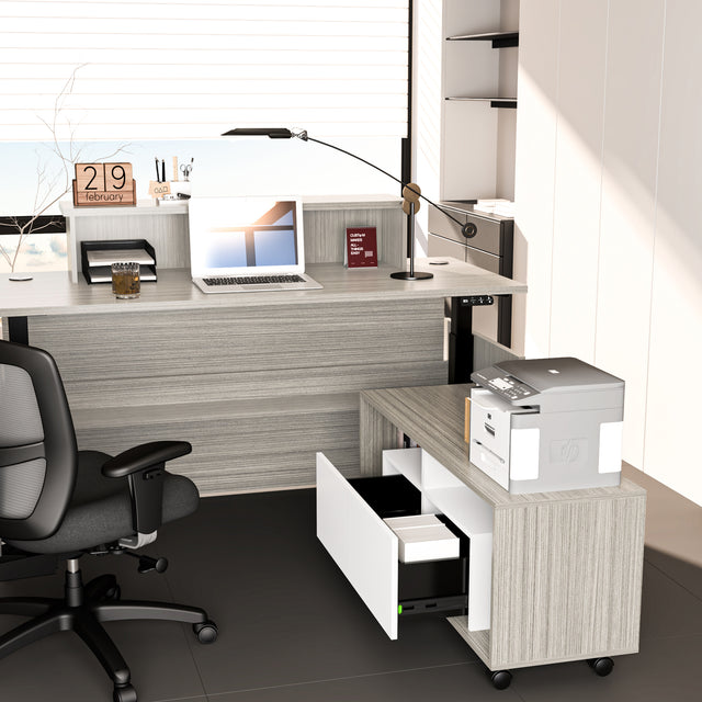 L Shaped Height Adjustable Executive Desk With Mobile Storage Cabinet