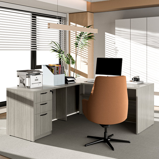 L-Shaped Executive Desk With File Cabinet For Home Office