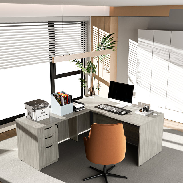 L-Shaped Executive Desk With File Cabinet For Home Office