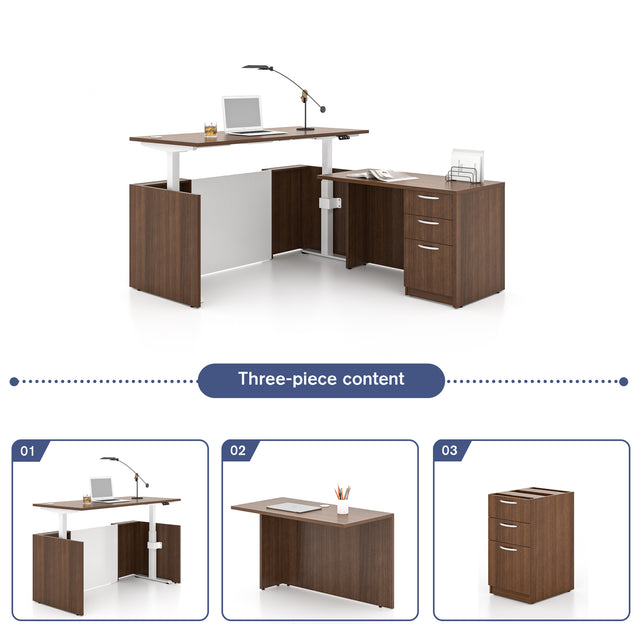 L-Shaped Adjustable Height Executive Standing Desk With 3 Drawer Pedestal