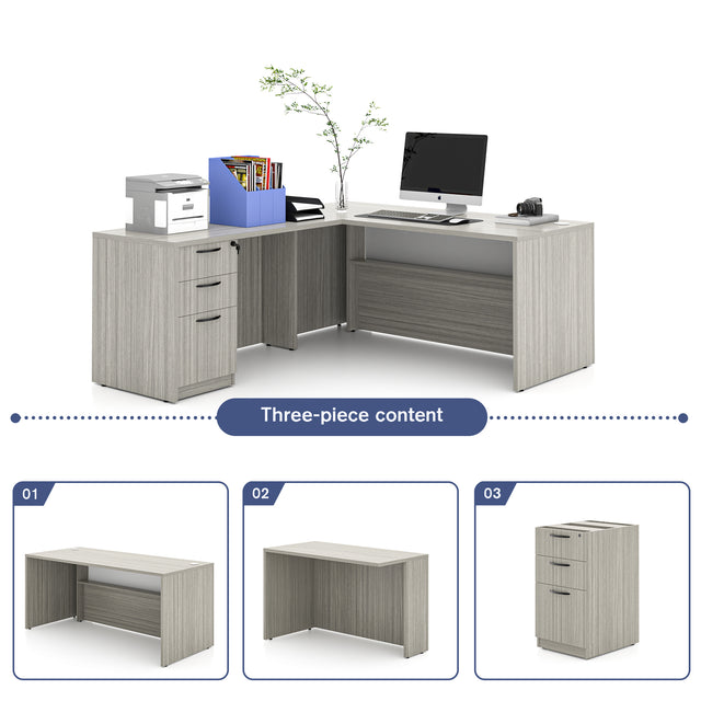 L-Shaped Executive Desk With File Cabinet For Home Office