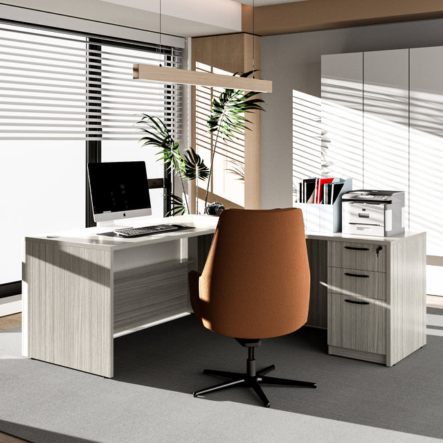 L-Shaped Executive Desk With File Cabinet For Home Office