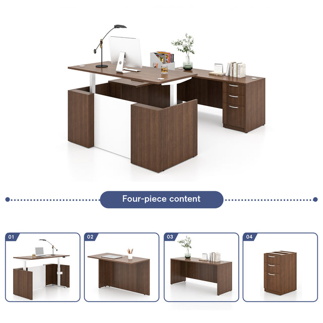 U-Shaped Adjustable Height Executive Standing Desk With 3 Drawer Pedestal